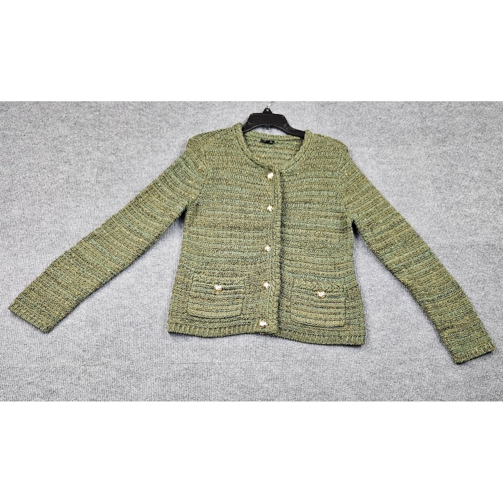Talbots Green Metallic Knit Button Cardigan Sweater Size M Gold Trim Classic